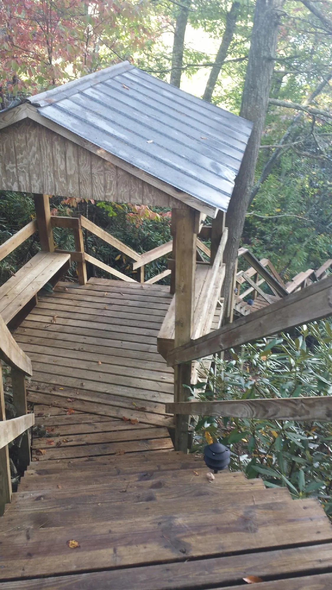 Metal roofed shelter over wooden steps on a wooded walkway — Skylight Repair & Installation work by our crew in Algonac